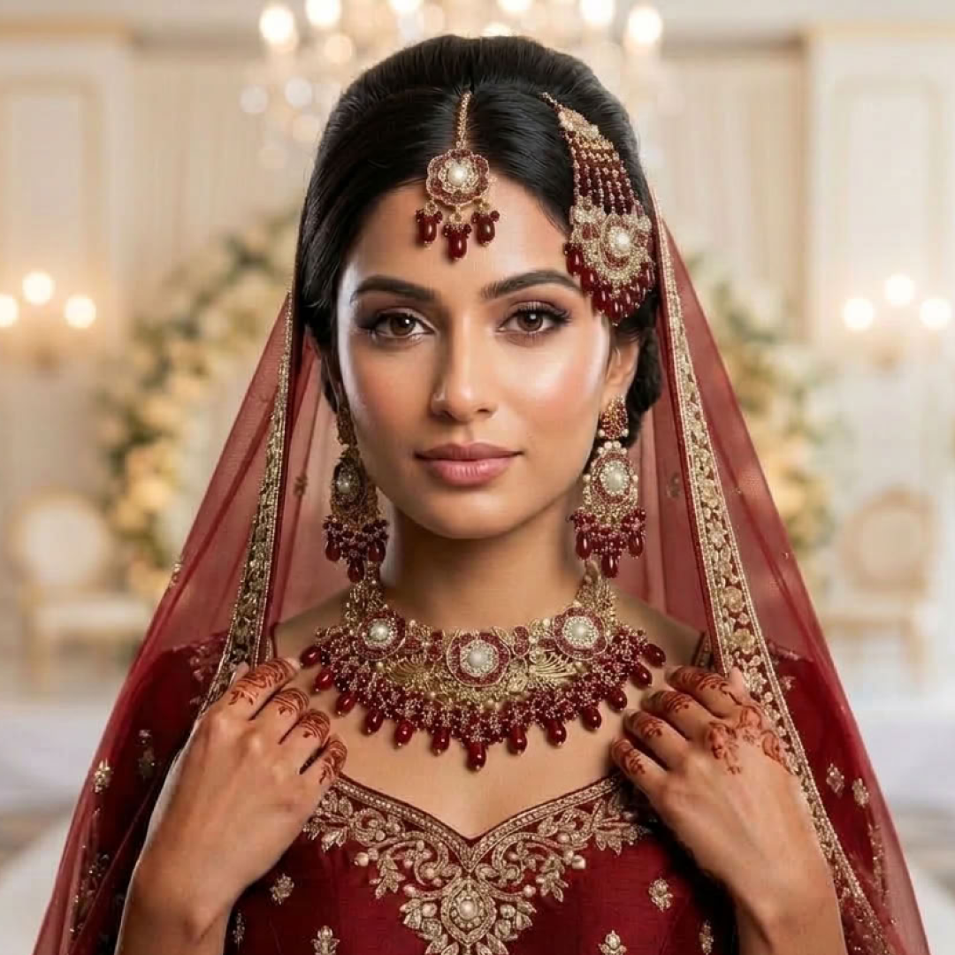 Kundan Antique Gold Plated Ruby Red Bridal Jewellery Set - 4-Piece Necklace, Earrings, Tikka & Passa