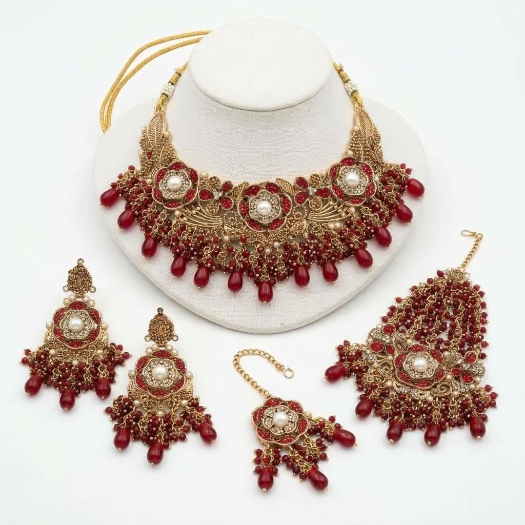 Kundan Antique Gold Plated Ruby Red Bridal Jewellery Set - 4-Piece Necklace, Earrings, Tikka & Passa