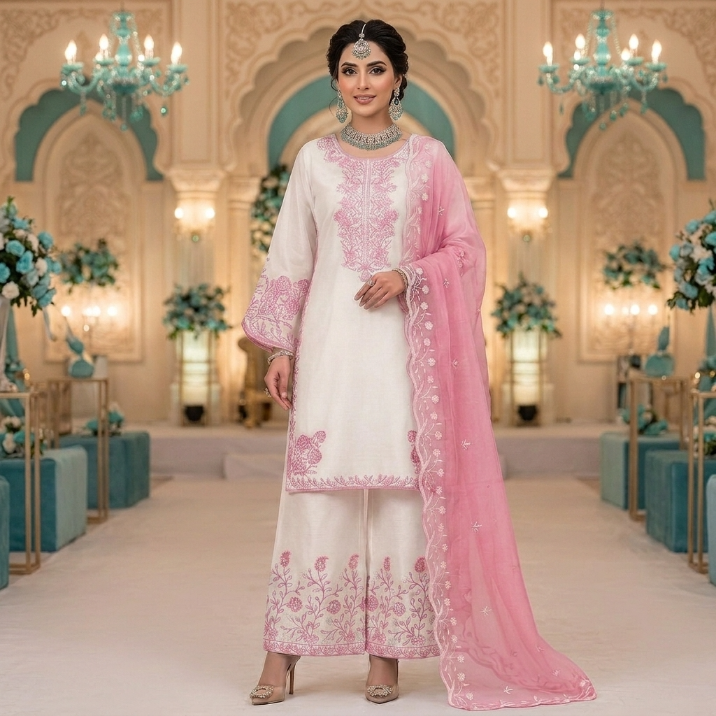 Premium Cotton Silk Palazzo Indian Pakistani 3-Piece Suit Set - Embroidered Top, Wide Leg Palazzo & Soft Organza Dupatta