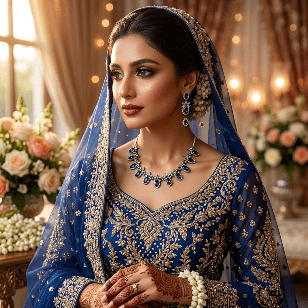 American Diamond Rhodium Plated Royal Blue Bridal Jewellery Set - 2-Piece Necklace & Earrings