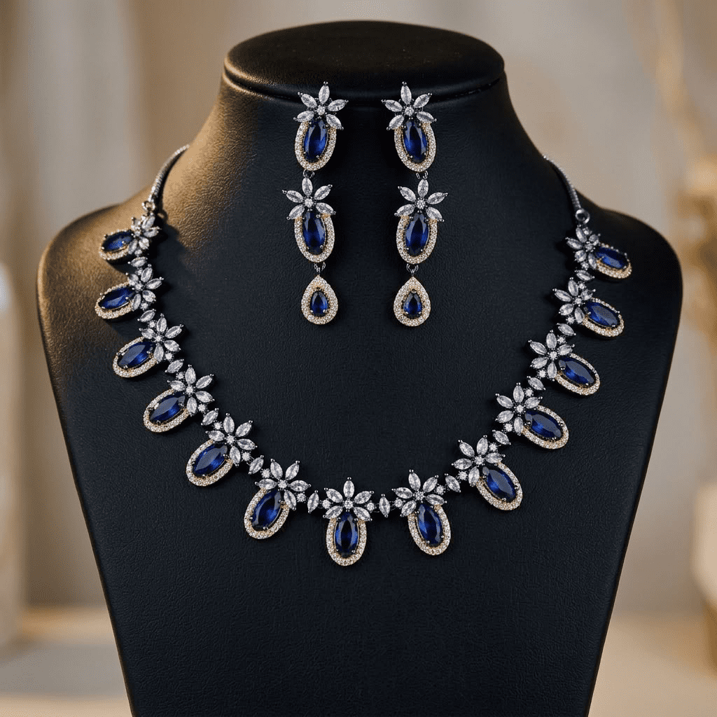 American Diamond Rhodium Plated Royal Blue Bridal Jewellery Set - 2-Piece Necklace & Earrings