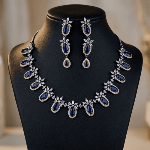 American Diamond Rhodium Plated Royal Blue Bridal Jewellery Set - 2-Piece Necklace & Earrings