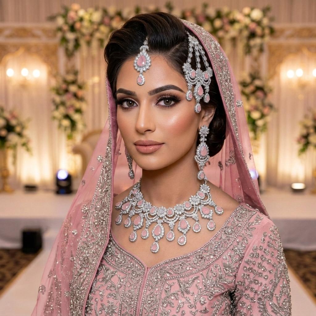 Kundan Silver Plated Baby Pink Bridal Jewellery Set - 4-Piece Necklace, Earrings, Tikka & Passa