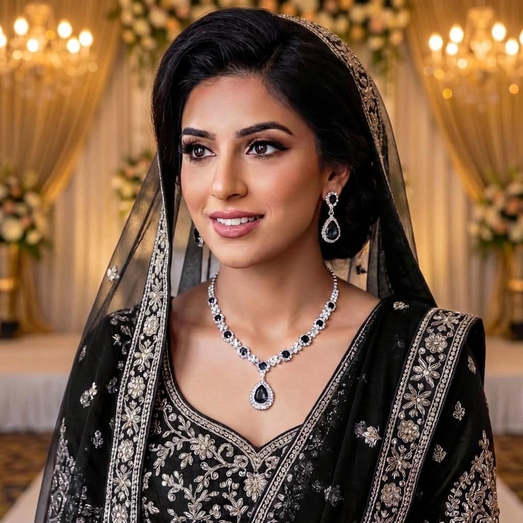 Luxury Silver Plated Black Pendant Bridal Jewellery Set - 2-Piece Necklace & Earrings