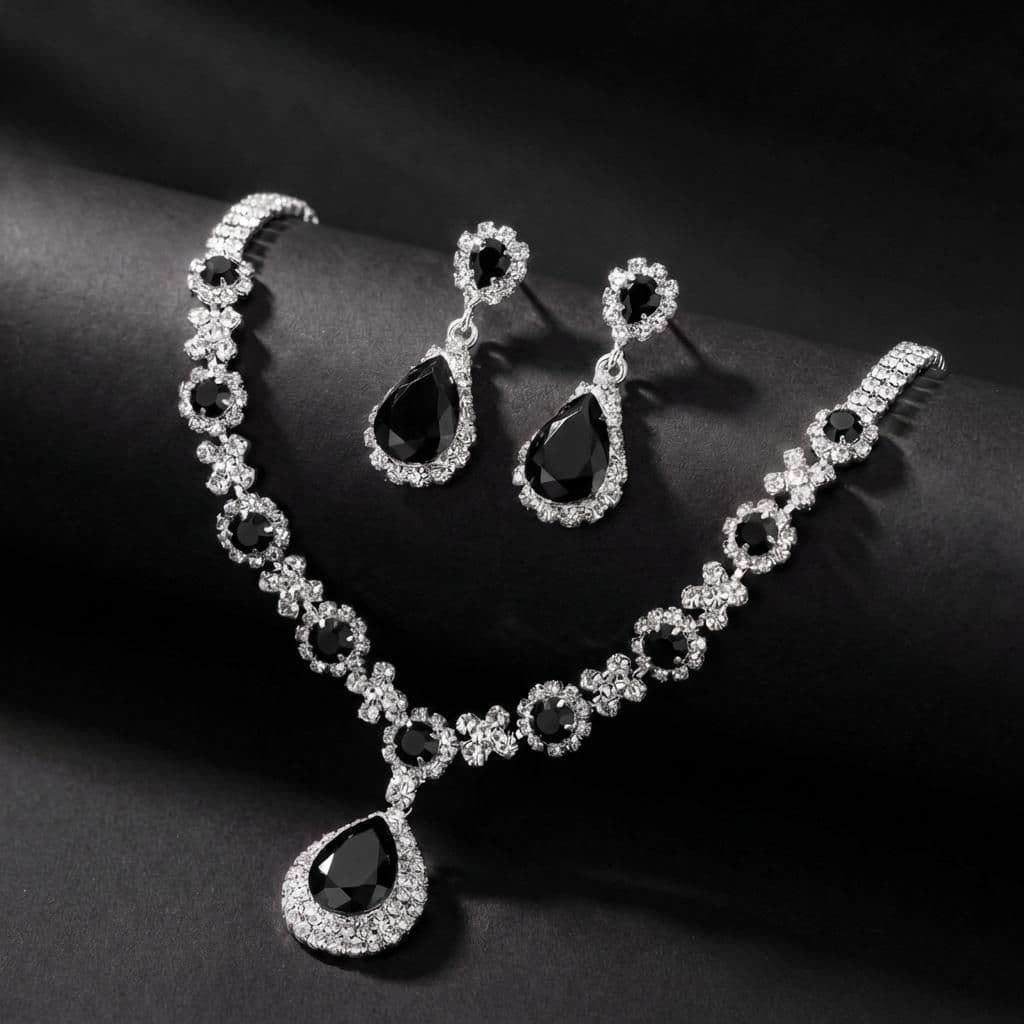 Luxury Silver Plated Black Pendant Bridal Jewellery Set - 2-Piece Necklace & Earrings