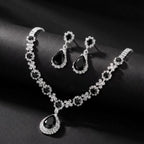 Luxury Silver Plated Black Pendant Bridal Jewellery Set - 2-Piece Necklace & Earrings