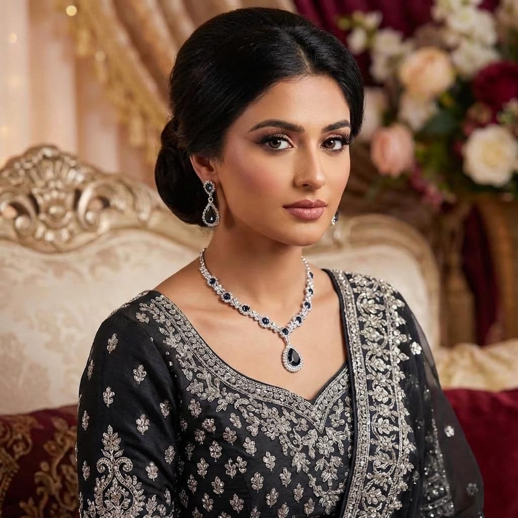 Luxury Silver Plated Black Pendant Bridal Jewellery Set - 2-Piece Necklace & Earrings