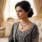 Luxury Silver Plated Black Pendant Bridal Jewellery Set - 2-Piece Necklace & Earrings