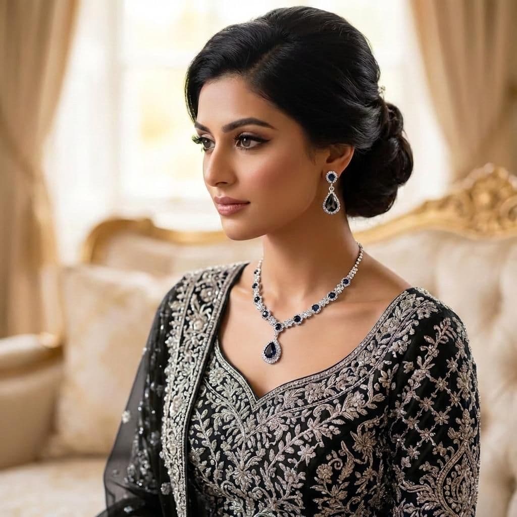 Luxury Silver Plated Black Pendant Bridal Jewellery Set - 2-Piece Necklace & Earrings