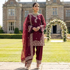 Premium Burgundy Lawn Indian Pakistani 3-Piece Embroidered Suit - Shirt, Farshi Trousers & Bamber Chiffon Dupatta