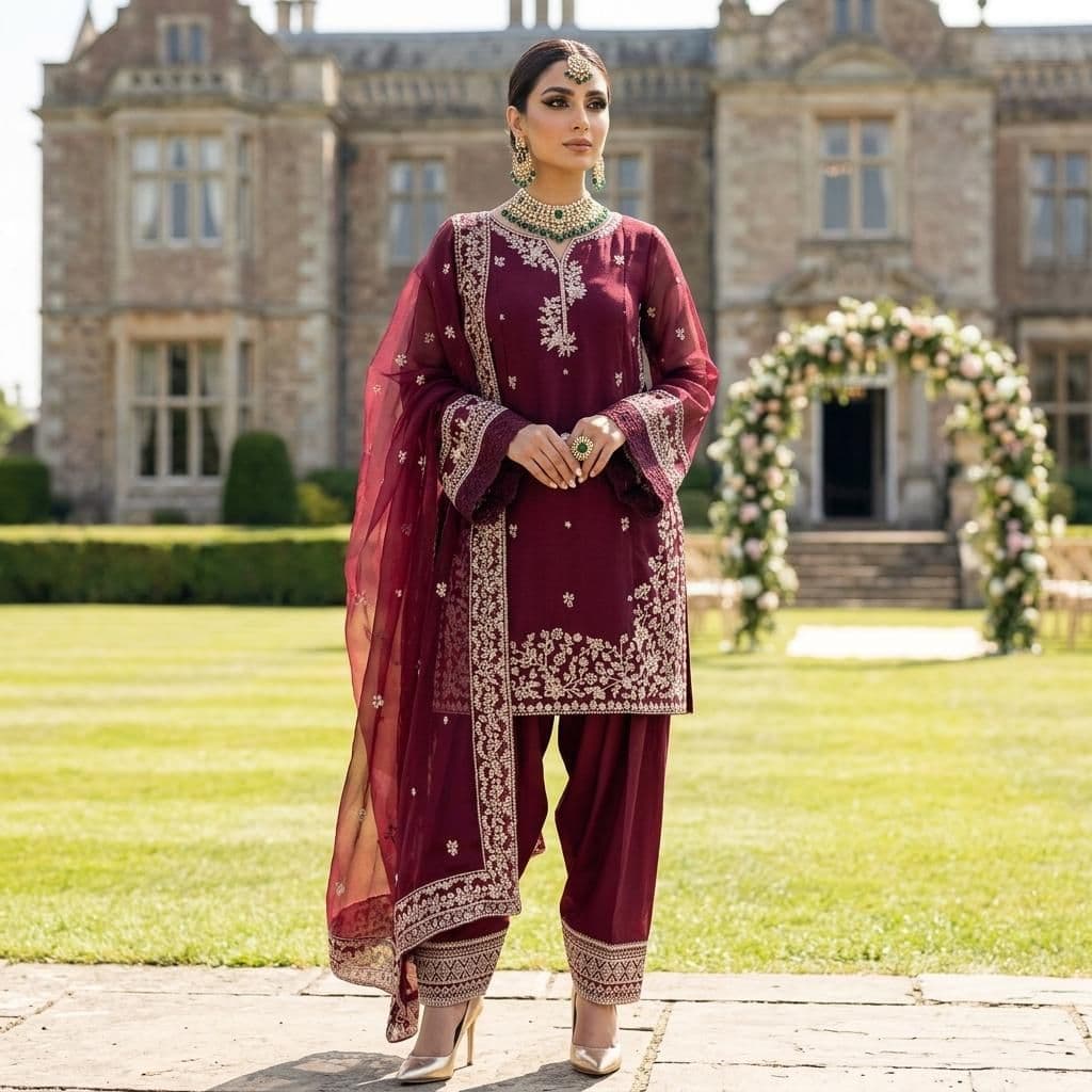Premium Burgundy Lawn Indian Pakistani 3-Piece Embroidered Suit - Shirt, Farshi Trousers & Bamber Chiffon Dupatta