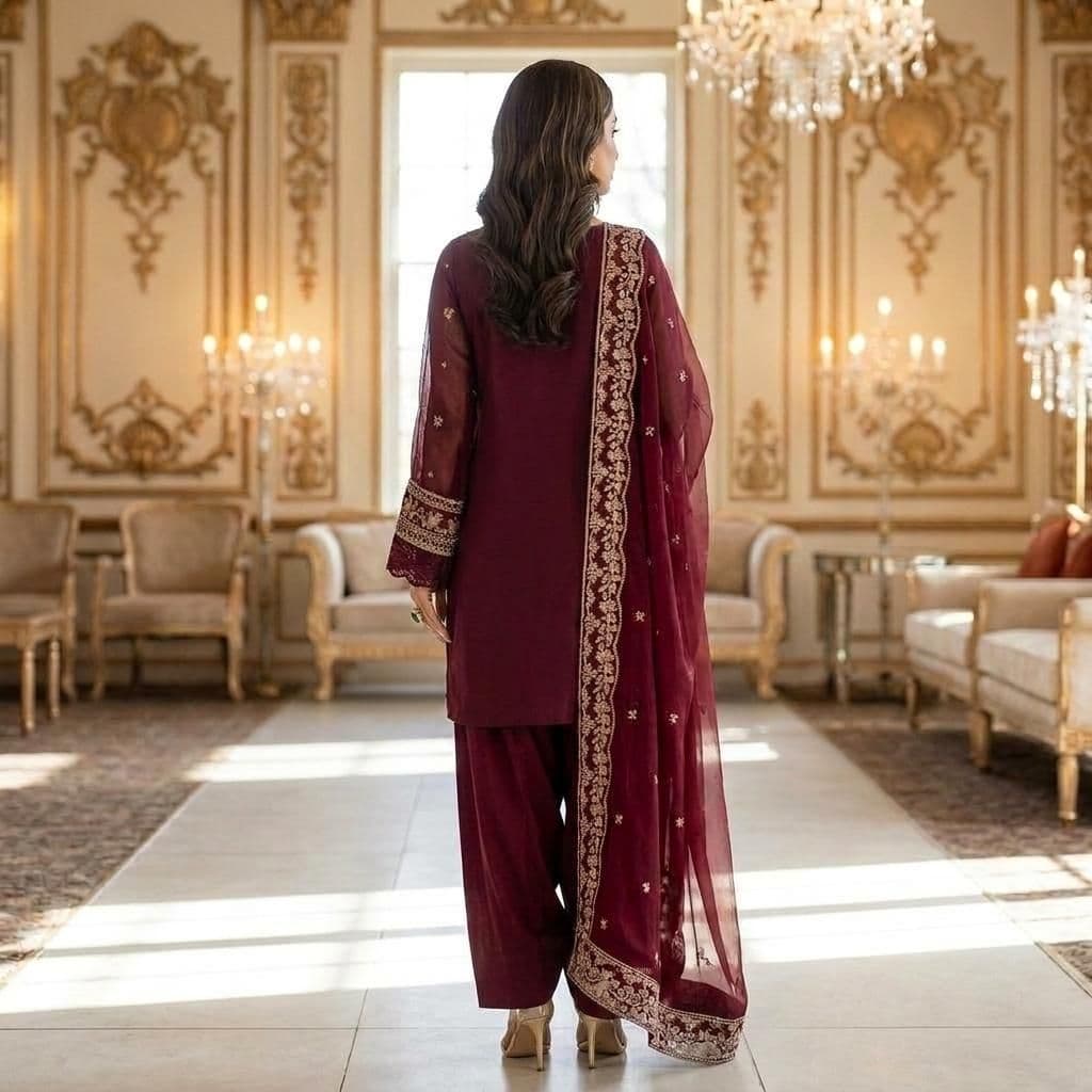 Premium Burgundy Lawn Indian Pakistani 3-Piece Embroidered Suit - Shirt, Farshi Trousers & Bamber Chiffon Dupatta