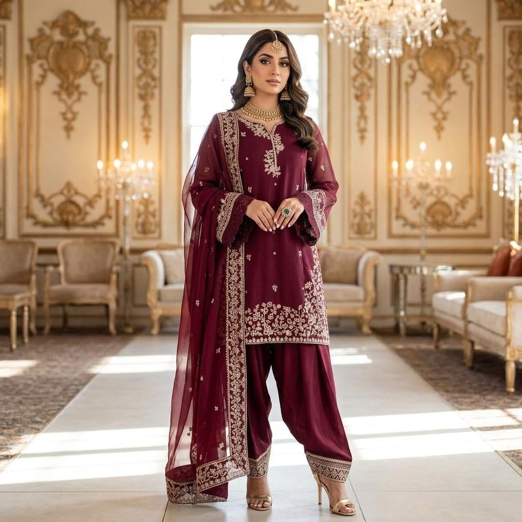 Premium Burgundy Lawn Indian Pakistani 3-Piece Embroidered Suit - Shirt, Farshi Trousers & Bamber Chiffon Dupatta