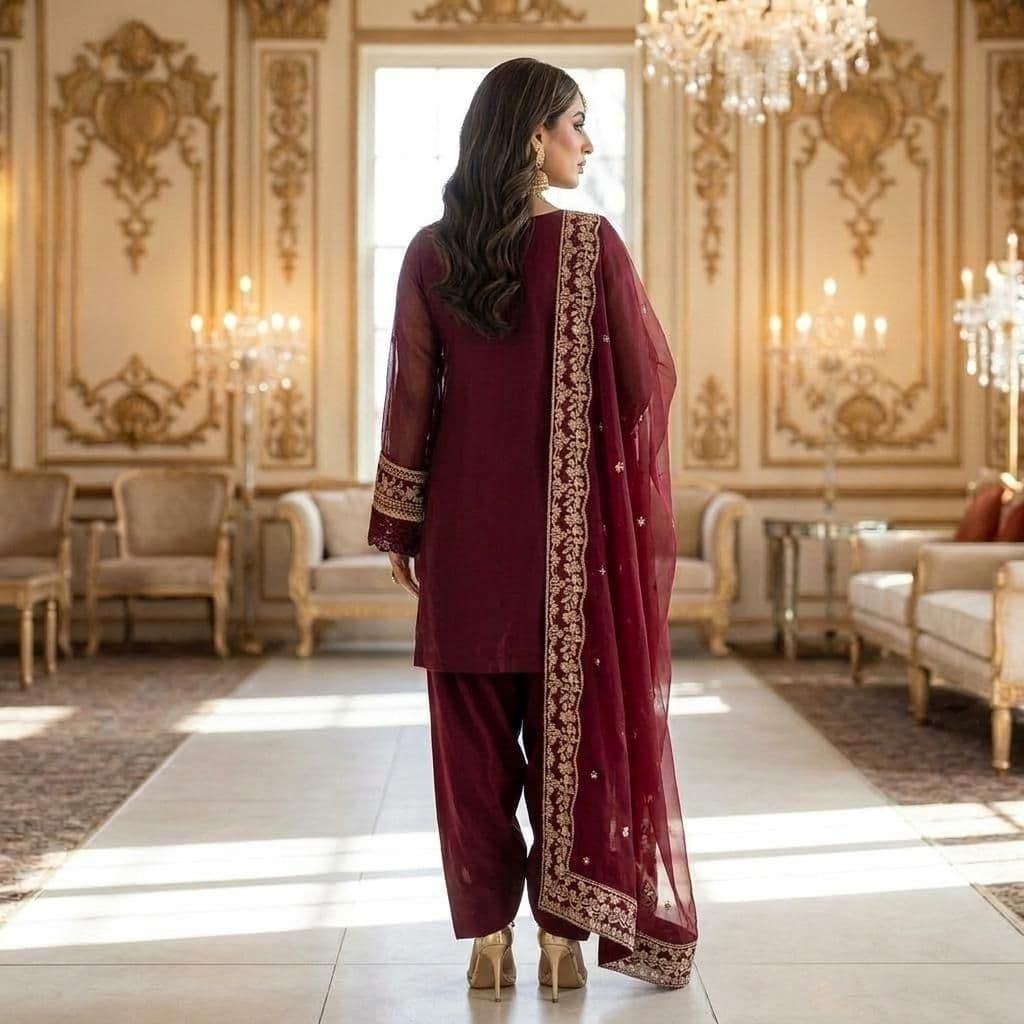 Premium Burgundy Lawn Indian Pakistani 3-Piece Embroidered Suit - Shirt, Farshi Trousers & Bamber Chiffon Dupatta