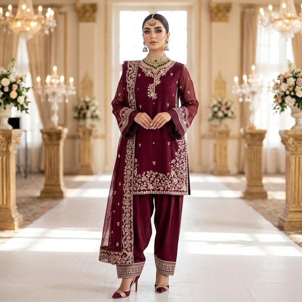 Premium Burgundy Lawn Indian Pakistani 3-Piece Embroidered Suit - Shirt, Farshi Trousers & Bamber Chiffon Dupatta