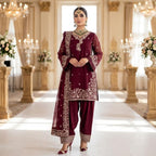 Premium Burgundy Lawn Indian Pakistani 3-Piece Embroidered Suit - Shirt, Farshi Trousers & Bamber Chiffon Dupatta