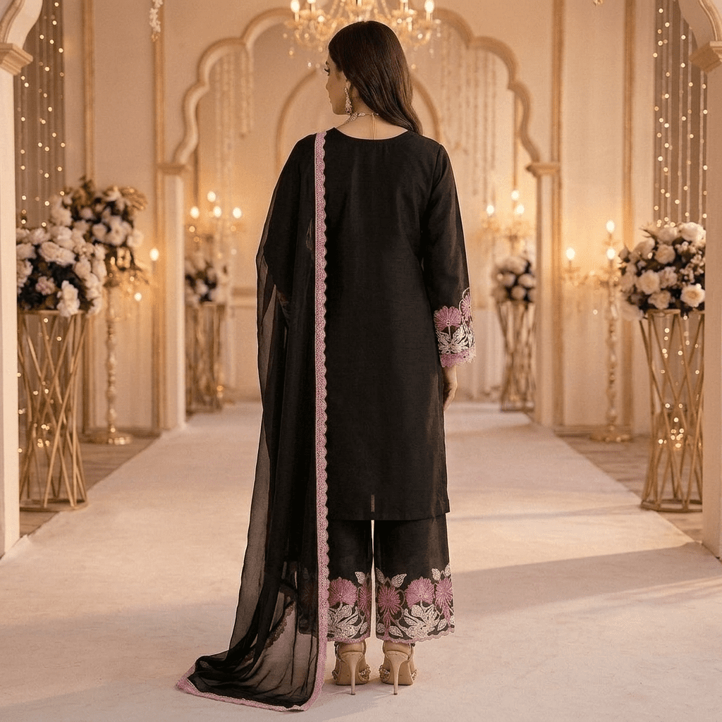 Premium Black Silk Satin Farshi Palazzo Indian Pakistani 3-Piece Suit - Embroidered Top, Palazzo & Organza Dupatta