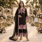 Premium Black Silk Satin Farshi Palazzo Indian Pakistani 3-Piece Suit - Embroidered Top, Palazzo & Organza Dupatta