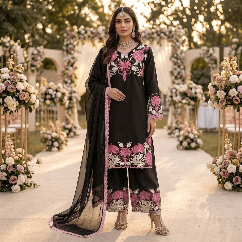 Premium Black Silk Satin Farshi Palazzo Indian Pakistani 3-Piece Suit - Embroidered Top, Palazzo & Organza Dupatta