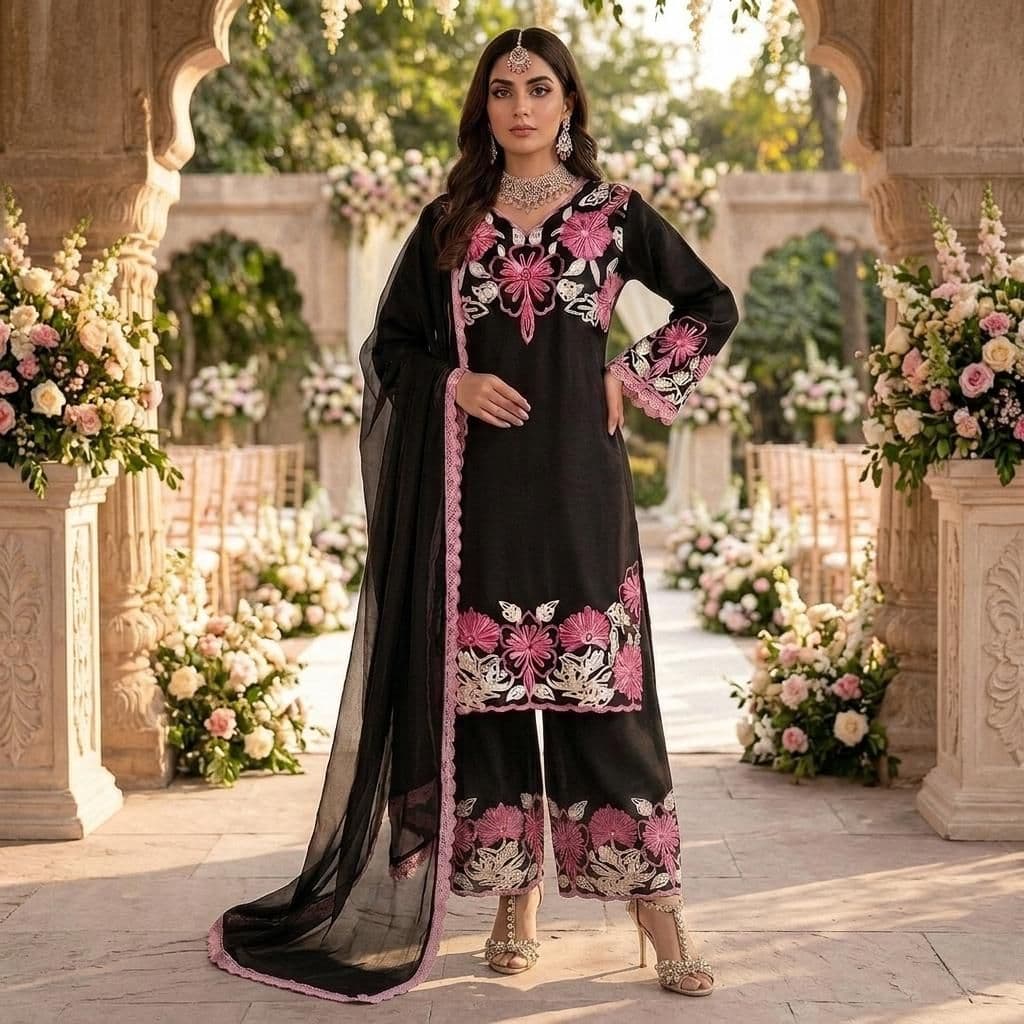 Premium Black Silk Satin Farshi Palazzo Indian Pakistani 3-Piece Suit - Embroidered Top, Palazzo & Organza Dupatta