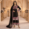 Premium Black Silk Satin Farshi Palazzo Indian Pakistani 3-Piece Suit - Embroidered Top, Palazzo & Organza Dupatta