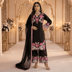 Premium Black Silk Satin Farshi Palazzo Indian Pakistani 3-Piece Suit - Embroidered Top, Palazzo & Organza Dupatta