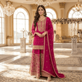 Premium Rani Pink Georgette Indian Pakistani 3-Piece Embroidered Suit Set - Kurta, Wide Leg Plazo & Dupatta