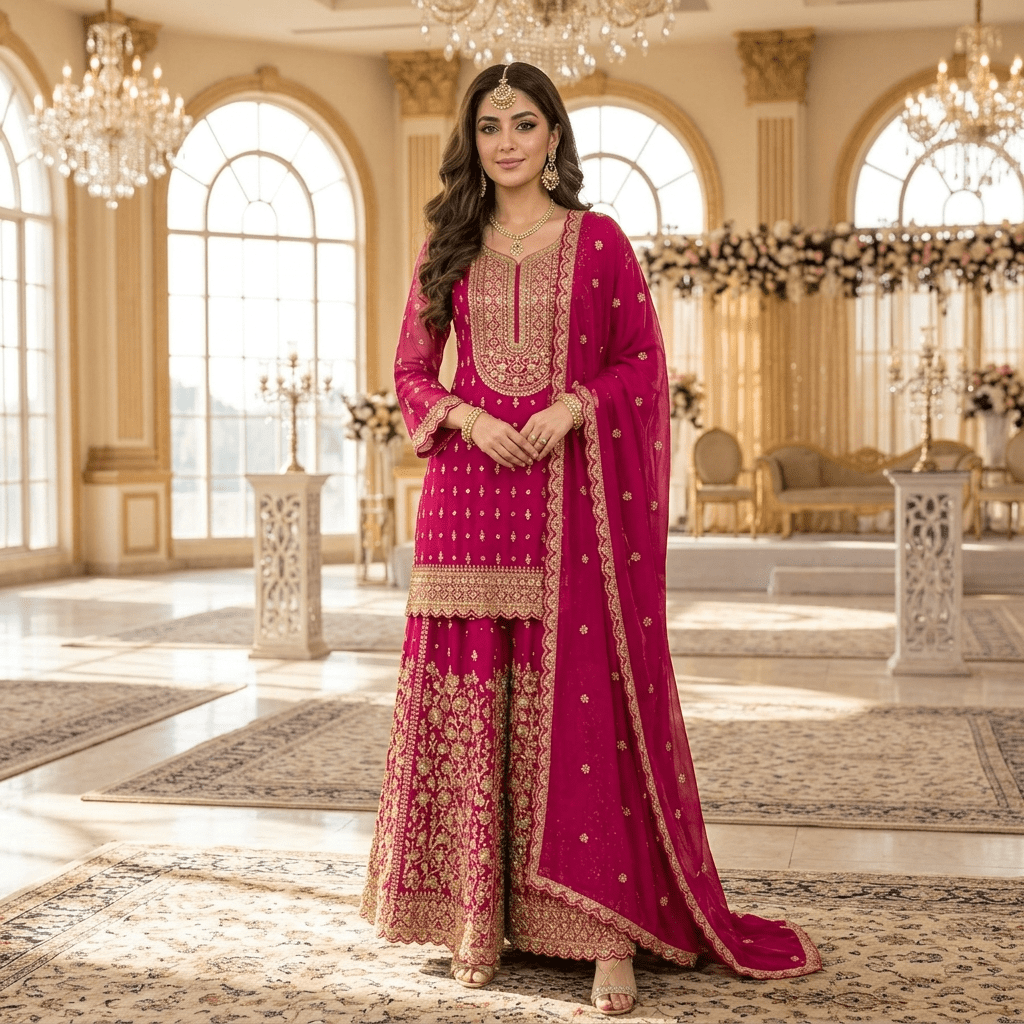 Premium Rani Pink Georgette Indian Pakistani 3-Piece Embroidered Suit Set - Kurta, Wide Leg Plazo & Dupatta