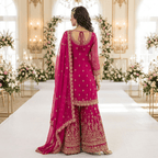 Premium Rani Pink Georgette Indian Pakistani 3-Piece Embroidered Suit Set - Kurta, Wide Leg Plazo & Dupatta