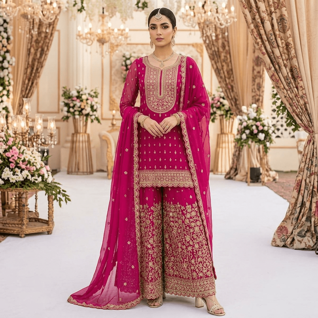 Premium Rani Pink Georgette Indian Pakistani 3-Piece Embroidered Suit Set - Kurta, Wide Leg Plazo & Dupatta