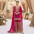 Premium Rani Pink Georgette Indian Pakistani 3-Piece Embroidered Suit Set - Kurta, Wide Leg Plazo & Dupatta