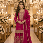 Premium Rani Pink Georgette Indian Pakistani 3-Piece Embroidered Suit Set - Kurta, Wide Leg Plazo & Dupatta