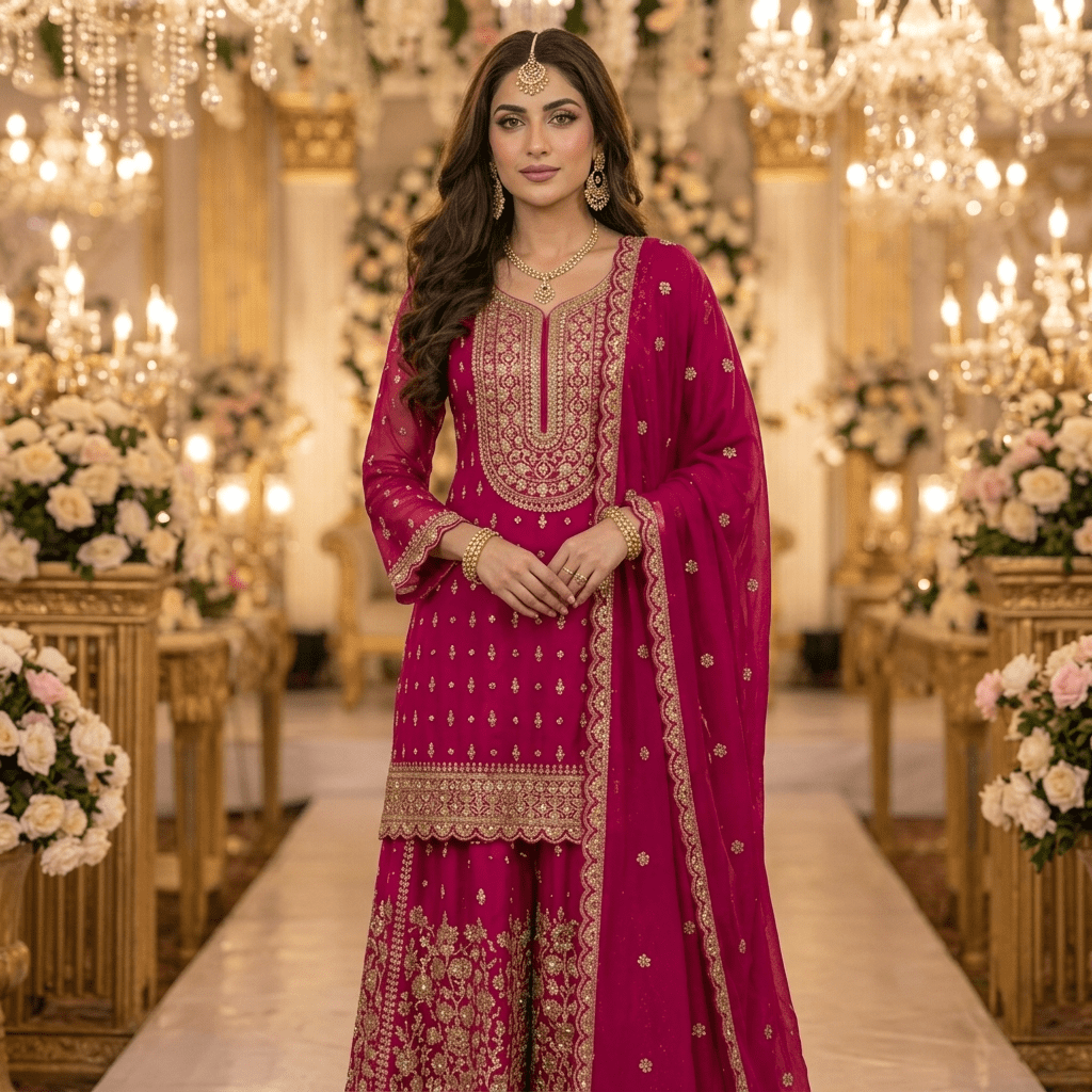 Premium Rani Pink Georgette Indian Pakistani 3-Piece Embroidered Suit Set - Kurta, Wide Leg Plazo & Dupatta