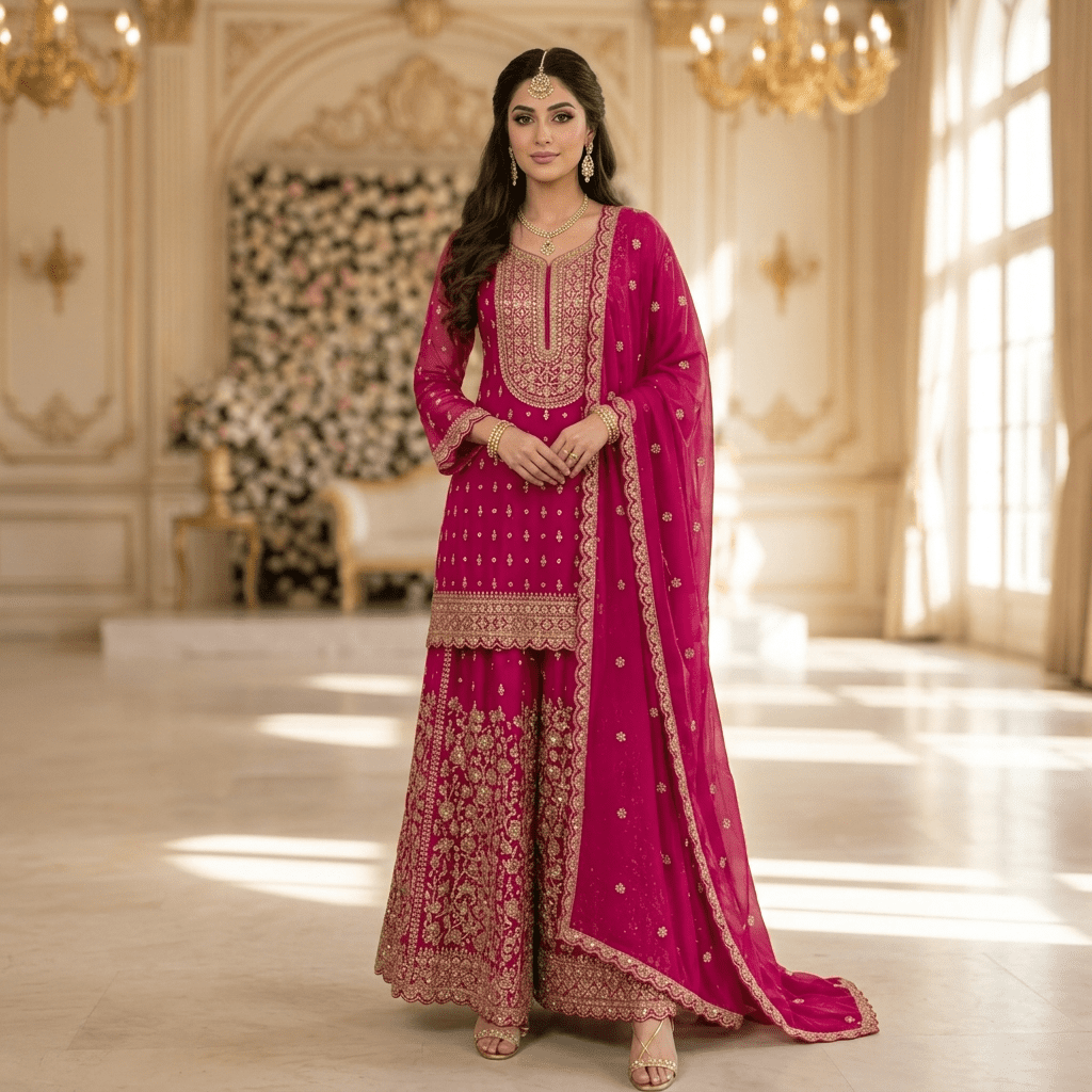 Premium Rani Pink Georgette Indian Pakistani 3-Piece Embroidered Suit Set - Kurta, Wide Leg Plazo & Dupatta