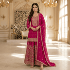 Premium Rani Pink Georgette Indian Pakistani 3-Piece Embroidered Suit Set - Kurta, Wide Leg Plazo & Dupatta