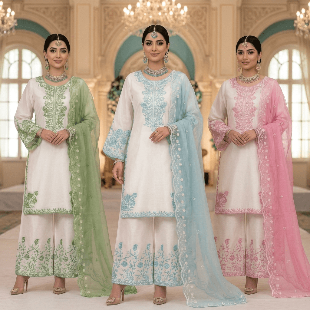 Premium Cotton Silk Palazzo Indian Pakistani 3-Piece Suit Set - Embroidered Top, Wide Leg Palazzo & Soft Organza Dupatta